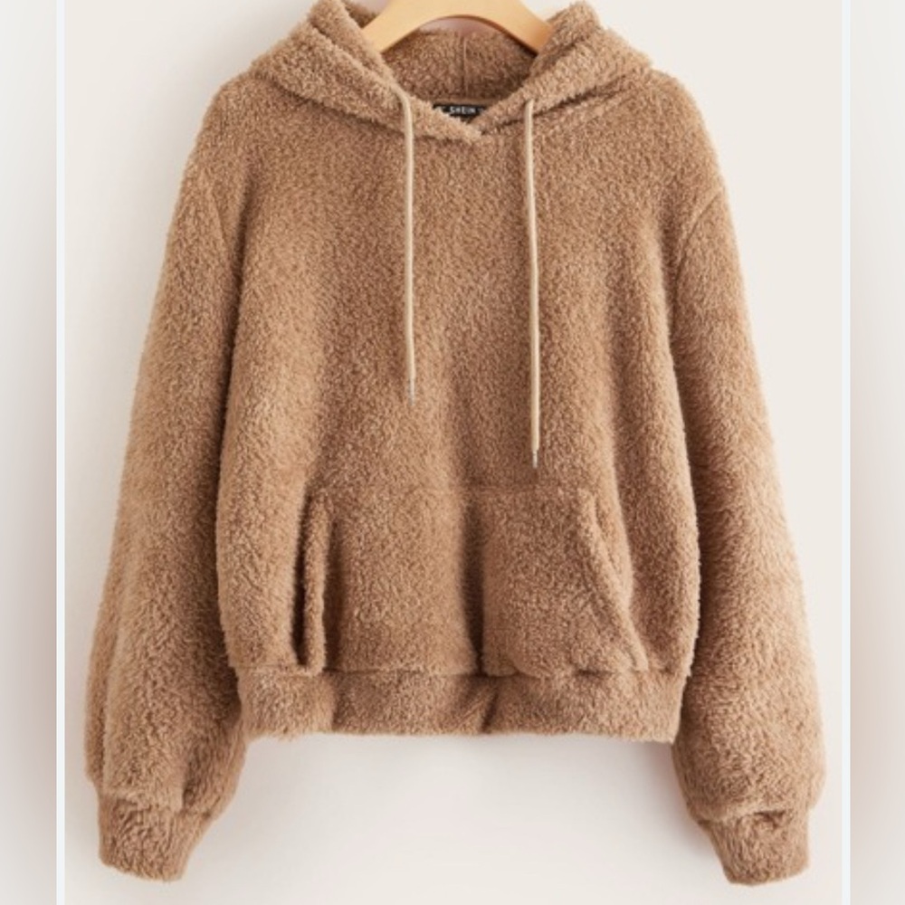 SHEIN Drawstring Detail Pocket Front Teddy Camel Hoodie (XL)